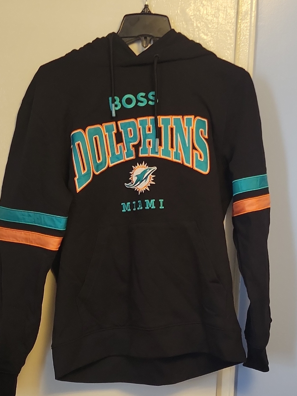 Boss Black Hoodie with Teal & Orange Miami Dolphins Graphics